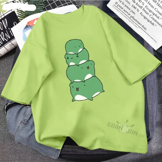 Skateboard Frog Dinosaur Cute Graphic Tee Women Tshirt Green Aesthetic Oversized T Shirt Harajuku Casual Summer Tops