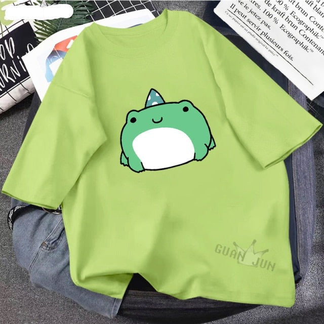 Skateboard Frog Dinosaur Cute Graphic Tee Women Tshirt Green Aesthetic Oversized T Shirt Harajuku Casual Summer Tops