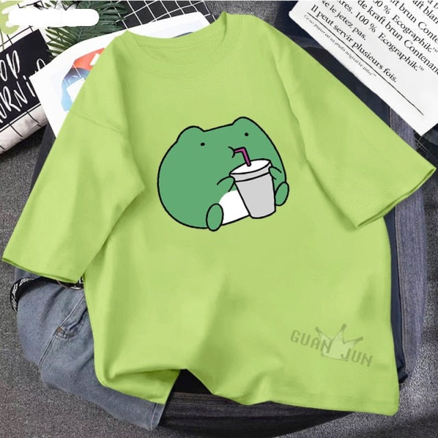 Skateboard Frog Dinosaur Cute Graphic Tee Women Tshirt Green Aesthetic Oversized T Shirt Harajuku Casual Summer Tops