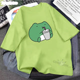 Skateboard Frog Dinosaur Cute Graphic Tee Women Tshirt Green Aesthetic Oversized T Shirt Harajuku Casual Summer Tops