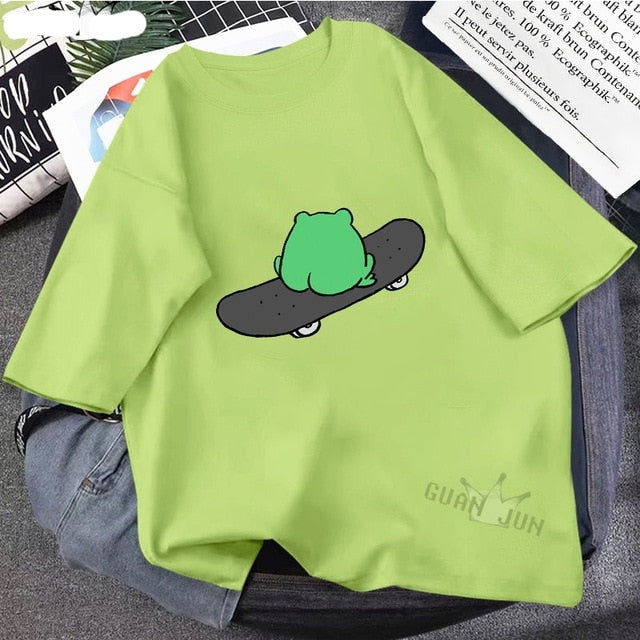 Skateboard Frog Dinosaur Cute Graphic Tee Women Tshirt Green Aesthetic Oversized T Shirt Harajuku Casual Summer Tops