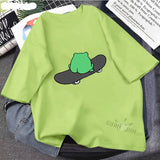 Skateboard Frog Dinosaur Cute Graphic Tee Women Tshirt Green Aesthetic Oversized T Shirt Harajuku Casual Summer Tops