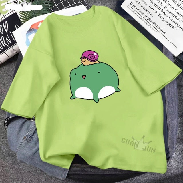 Skateboard Frog Dinosaur Cute Graphic Tee Women Tshirt Green Aesthetic Oversized T Shirt Harajuku Casual Summer Tops