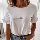 100% Cotton Casual Ruffles Short Sleeve Plus Size T Shirts Women Fashion Solid Loose T Shirt Spring Summer All-match Top Ladies