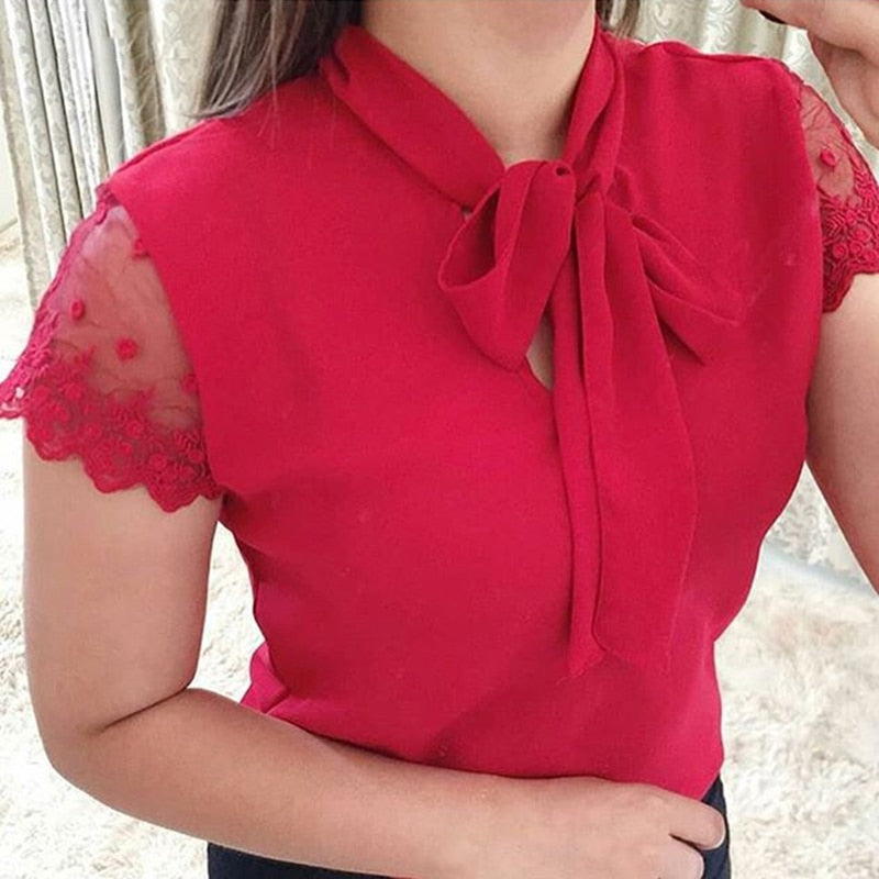 goosudu Plus Size 5xl Elegant Lace Up Bow Tie Shirt Summer Short Sleeve Solid Color Chiffon Casual Blouse Office Lady Blusas Women Tops