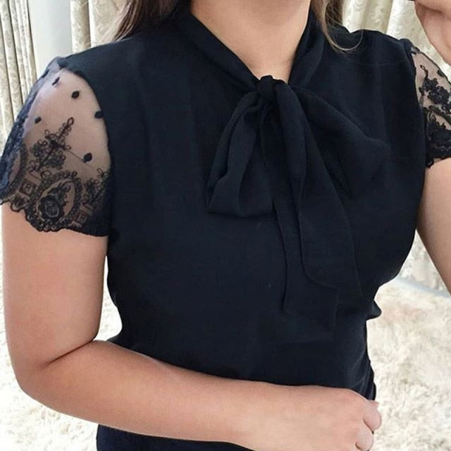 goosudu Plus Size 5xl Elegant Lace Up Bow Tie Shirt Summer Short Sleeve Solid Color Chiffon Casual Blouse Office Lady Blusas Women Tops