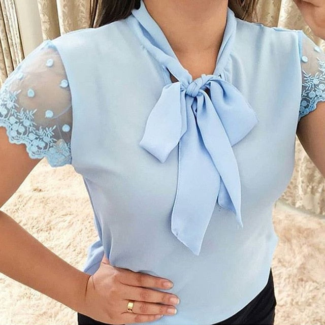 goosudu Plus Size 5xl Elegant Lace Up Bow Tie Shirt Summer Short Sleeve Solid Color Chiffon Casual Blouse Office Lady Blusas Women Tops