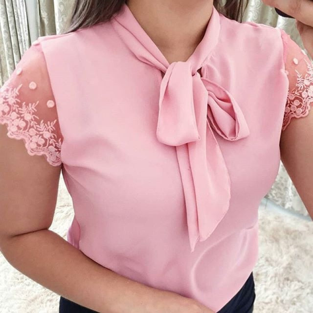 goosudu Plus Size 5xl Elegant Lace Up Bow Tie Shirt Summer Short Sleeve Solid Color Chiffon Casual Blouse Office Lady Blusas Women Tops