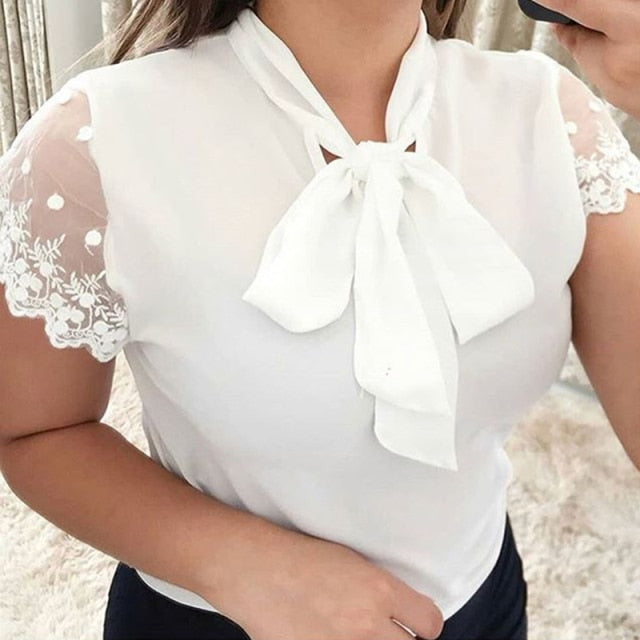 goosudu Plus Size 5xl Elegant Lace Up Bow Tie Shirt Summer Short Sleeve Solid Color Chiffon Casual Blouse Office Lady Blusas Women Tops