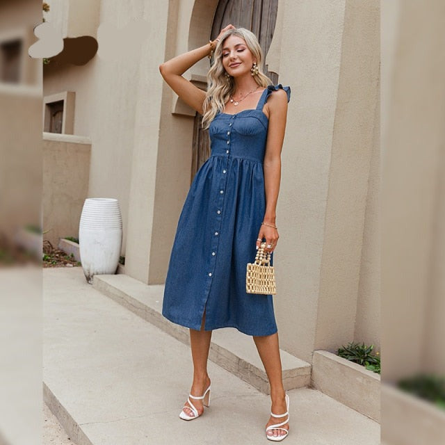 Cotton Sleeveless Square Neck Women Dress Maxi Summer Spaghetti Strap A-line Sundress Casual Button Ruffle Vestidos