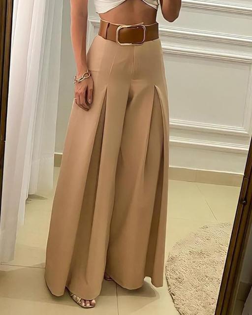 Goosudu  Women‘s Long Trousers Elegant Ladies Office Wear Casual Slim Fit High Waisted Ruched Pleated Wide Leg Pants Without Belt