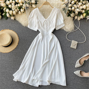French Vintage Women Dress Summer White V-Neck Short Sleeve High Waist Elegant Midi Dresses Female Sweet Sundress Coisini