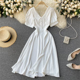 French Vintage Women Dress Summer White V-Neck Short Sleeve High Waist Elegant Midi Dresses Female Sweet Sundress Coisini