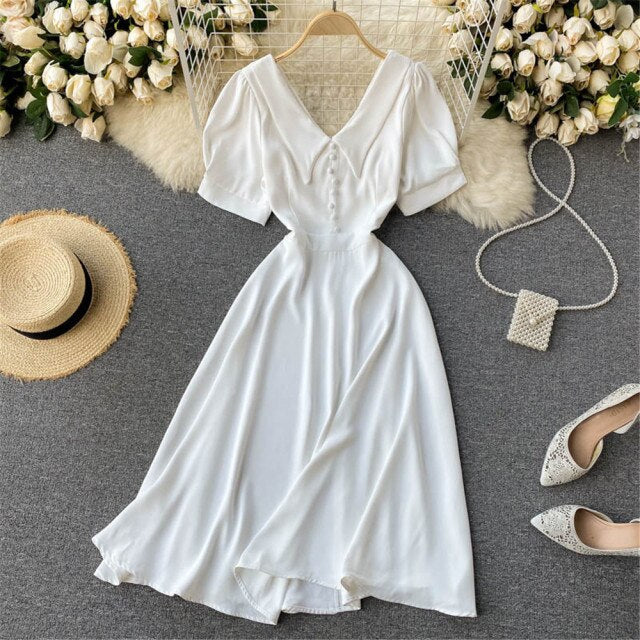 French Vintage Women Dress Summer White V-Neck Short Sleeve High Waist Elegant Midi Dresses Female Sweet Sundress Coisini