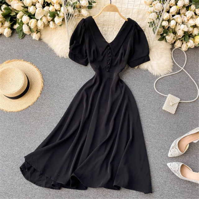 French Vintage Women Dress Summer White V-Neck Short Sleeve High Waist Elegant Midi Dresses Female Sweet Sundress Coisini