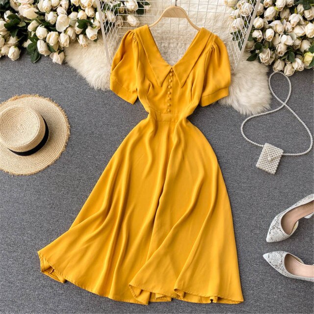 French Vintage Women Dress Summer White V-Neck Short Sleeve High Waist Elegant Midi Dresses Female Sweet Sundress Coisini