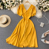 French Vintage Women Dress Summer White V-Neck Short Sleeve High Waist Elegant Midi Dresses Female Sweet Sundress Coisini