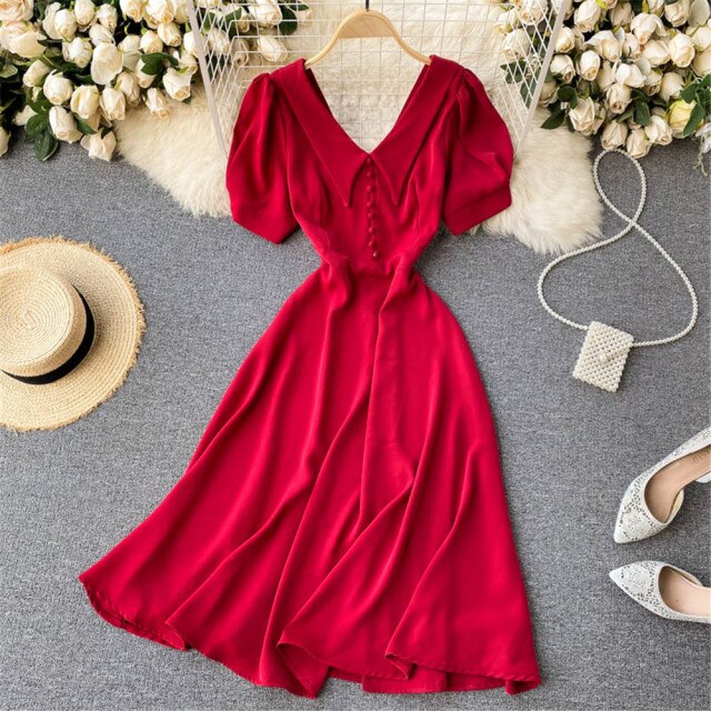 French Vintage Women Dress Summer White V-Neck Short Sleeve High Waist Elegant Midi Dresses Female Sweet Sundress Coisini