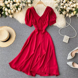 French Vintage Women Dress Summer White V-Neck Short Sleeve High Waist Elegant Midi Dresses Female Sweet Sundress Coisini