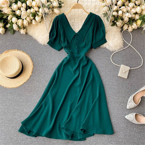 French Vintage Women Dress Summer White V-Neck Short Sleeve High Waist Elegant Midi Dresses Female Sweet Sundress Coisini