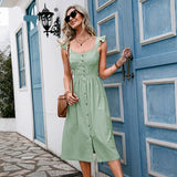 Cotton Sleeveless Square Neck Women Dress Maxi Summer Spaghetti Strap A-line Sundress Casual Button Ruffle Vestidos
