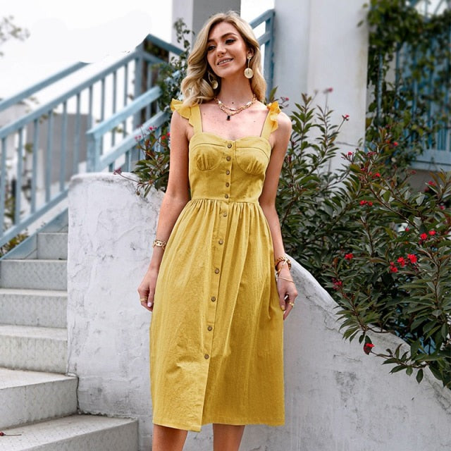 Cotton Sleeveless Square Neck Women Dress Maxi Summer Spaghetti Strap A-line Sundress Casual Button Ruffle Vestidos