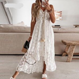 Summer Casual V-Neck Lace Patchwork Dress Women Mid-Calf Dress Sexy Hollow Out Sleeveless Spaghetti Strap Dress Vestidos
