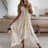 Summer Casual V-Neck Lace Patchwork Dress Women Mid-Calf Dress Sexy Hollow Out Sleeveless Spaghetti Strap Dress Vestidos