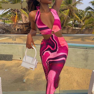 goosudu Tie Dye Summer Dress Women Waist Cut Out Backless Halter Robe Festival Clubwear Bodycon Sexy Party Maxi Dresses