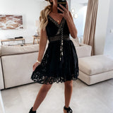 Summer Casual V-Neck Lace Patchwork Dress Women Mid-Calf Dress Sexy Hollow Out Sleeveless Spaghetti Strap Dress Vestidos