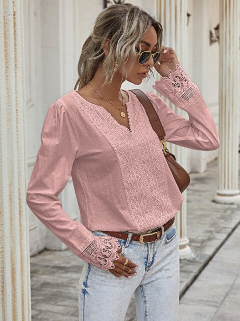 Goosudu  Autumn Elegant Office Lady Spring White Tops Women's Lace Patchwork Long Sleeved V-neck Slim Shirt Ladies Fashion Casual Blouse