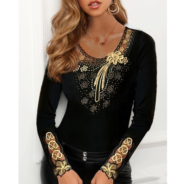 goosudu  Elegant Blouse for Women Flower Print Mesh Tops Long Sleeve Black O-neck Patchwork Ladies Lace Decor Tee Tops Spring summer