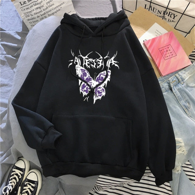 Harajuku Butterfly Print Hooded Aesthetic Hoodie Spring Ladies Hoodie Streetwear Winter Gothic Style Hoodie Ladies Sweatshirt