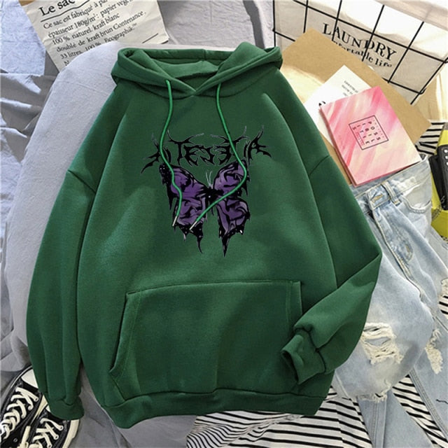 Harajuku Butterfly Print Hooded Aesthetic Hoodie Spring Ladies Hoodie Streetwear Winter Gothic Style Hoodie Ladies Sweatshirt