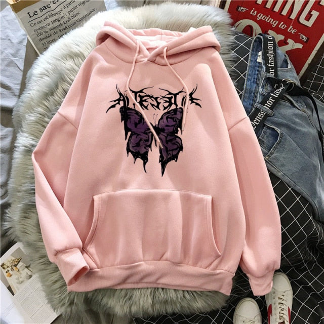 Harajuku Butterfly Print Hooded Aesthetic Hoodie Spring Ladies Hoodie Streetwear Winter Gothic Style Hoodie Ladies Sweatshirt