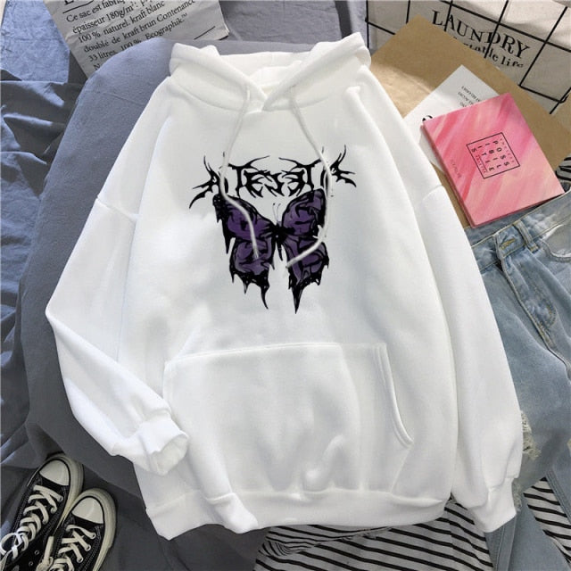 Harajuku Butterfly Print Hooded Aesthetic Hoodie Spring Ladies Hoodie Streetwear Winter Gothic Style Hoodie Ladies Sweatshirt