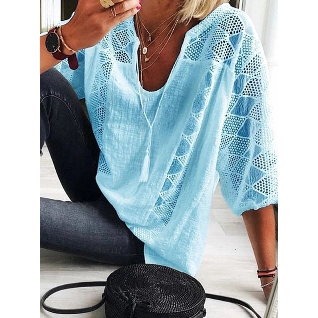 goosudu Women Blouse Summer Tops Three Quarter Sleeve Cut Out Lace Female Shirt  Loose Casual Solid Pullover Thin Ladies Shirts
