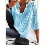goosudu Women Blouse Summer Tops Three Quarter Sleeve Cut Out Lace Female Shirt  Loose Casual Solid Pullover Thin Ladies Shirts