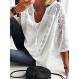 goosudu Women Blouse Summer Tops Three Quarter Sleeve Cut Out Lace Female Shirt  Loose Casual Solid Pullover Thin Ladies Shirts