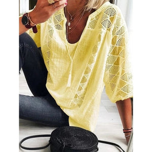 goosudu Women Blouse Summer Tops Three Quarter Sleeve Cut Out Lace Female Shirt  Loose Casual Solid Pullover Thin Ladies Shirts