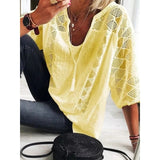 goosudu Women Blouse Summer Tops Three Quarter Sleeve Cut Out Lace Female Shirt  Loose Casual Solid Pullover Thin Ladies Shirts