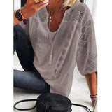 goosudu Women Blouse Summer Tops Three Quarter Sleeve Cut Out Lace Female Shirt  Loose Casual Solid Pullover Thin Ladies Shirts