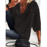 goosudu Women Blouse Summer Tops Three Quarter Sleeve Cut Out Lace Female Shirt  Loose Casual Solid Pullover Thin Ladies Shirts