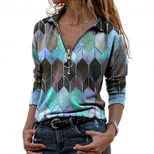 Spring Autumn Women Loose Casual Vintage Tees Zipper Neckline V Neck Cotton Blouse Hexagon Print Shirts Full Long Sleeve