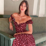 goosudu summer Print Dress fashion elegant Slit maxi dress Floral Short Puff Sleeves Square Collar Holiday Dress  french romantic  Sexy