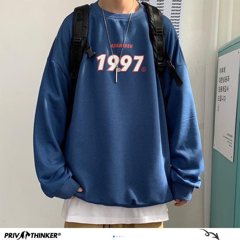 goosudu Spring Men Casual Sweatshirts Harajuku 1997 Printed Men Oversized Hoodies  Korean Man Casual Loose Pullovers