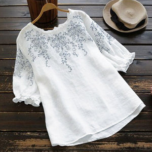 Fashion O Neck Cotton Tunic Women's Summer Blouse  Causal Half Sleeve Tee Shirts Female Embroidery Tops