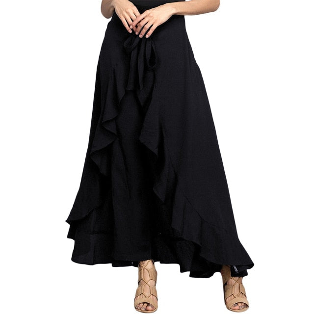 goosudu Women Palazzo Pants  Causal Ruffle Drawstring Trouser Elegant High Waist Irregular Loose Pure Color Autumn Female Pant Skirt