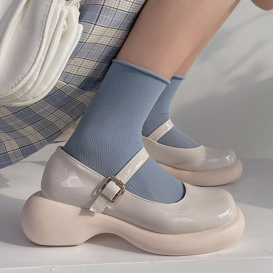 goosudu Retro Mary Janes Leather Pumps Med Heel Square Toe Buckle Sandals Summer Autumn Fashion Women Shoes Heels 4 cm