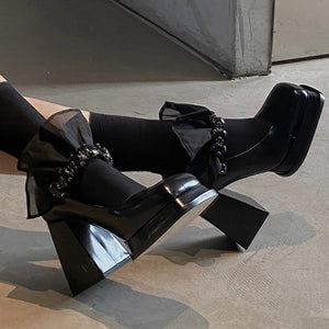 goosudu Termainoov Women Pumps High Heels Black Rhinestones Mary Jane Square Toe Lace Heeled Chunky Heel Retro Patent Leather New Shoes